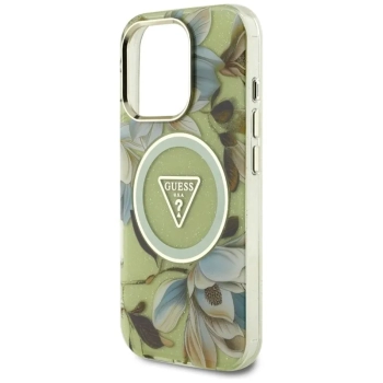 Guess Glitter Flowers Triangle Buttons MagSafe - Etui do iPhone 16 Pro Max (zielony)