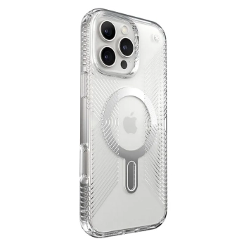 Speck Presidio Perfect-Clear Grip ClickLock & MagSafe - Etui iPhone 16 Pro Max (Clear / Chrome Finish / Serene Silver)
