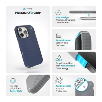Speck Presidio2 Grip - Etui iPhone 16 Pro (Coastal Blue / Dust Grey / White)