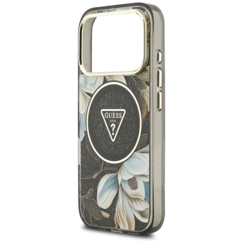 Guess IML Glitter Flowers Triangle MagSafe - Etui iPhone 17 Pro (czarny)