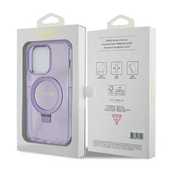 Guess Ring Stand Script Glitter MagSafe - Etui iPhone 15 Pro (fioletowy)