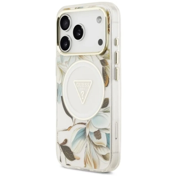Guess IML Glitter Flowers Triangle MagSafe - Etui iPhone 17 Pro (biały)
