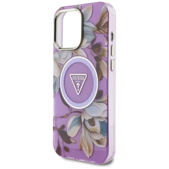 Guess Glitter Flowers Triangle Buttons MagSafe - Etui do iPhone 16 Pro Max (fioletowy)