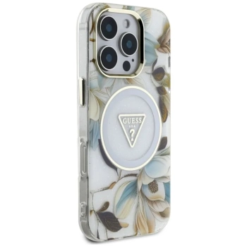 Guess Glitter Flowers Triangle Buttons MagSafe - Etui do iPhone 16 Pro (biały)