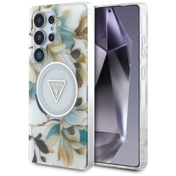 Guess Glitter Flowers Triangle Buttons MagSafe - Etui do Samsung Galaxy S25 Ultra (biały)