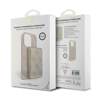 Guess Bundle Pack MagSafe 4G Metal Gold Logo - Zestaw etui + Power Bank 5000mAh MagSafe iPhone 15 Pro (różowy)