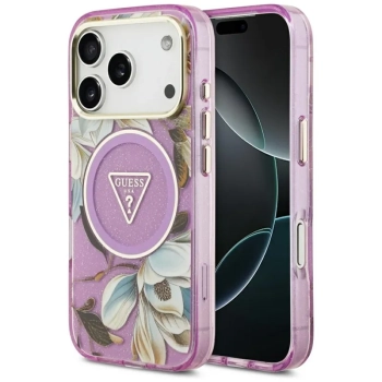 Guess IML Glitter Flowers Triangle MagSafe - Etui iPhone 17 Pro (fioletowy)