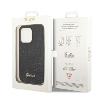 Guess Glitter Flakes Metal Logo Case - Etui iPhone 14 Pro (czarny)