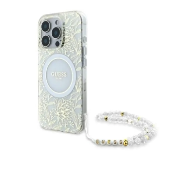 Guess IML Flowers Allover Electro With Pearl Strap MagSafe - Etui iPhone 16 Pro Max (biały)
