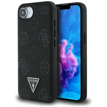 Guess Grained Hot Stamp Peony Triangle Logo MagSafe - Etui do iPhone 16e (czarny)