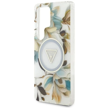 Guess Glitter Flowers Triangle Buttons MagSafe - Etui do Samsung Galaxy S25 Ultra (biały)