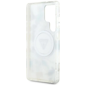 Guess Glitter Flowers Triangle Buttons MagSafe - Etui do Samsung Galaxy S25 Ultra (biały)
