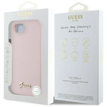 Guess Silicone Script Metal Logo MagSafe - Etui do iPhone 16e (różowy)