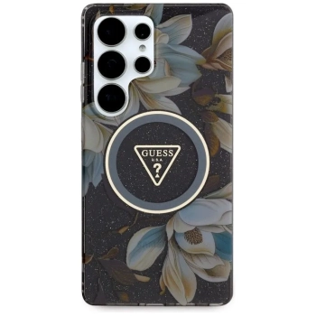 Guess Glitter Flowers Triangle Buttons MagSafe - Etui do Samsung Galaxy S25 Ultra (czarny)