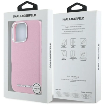 Karl Lagerfeld Saffiano Full Wrapped Elongated Metal Logo MagSafe - Etui do iPhone 16 Pro Max (różowy)