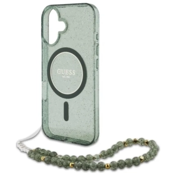 Guess IML Glitter With Pearl Strap MagSafe - Etui iPhone 16 Plus (zielony)