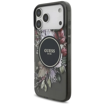 Guess IML Flowers Electro Pearl Strap MagSafe - Etui iPhone 17 Pro Max (czarny)