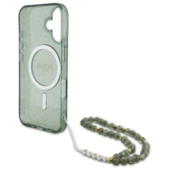 Guess IML Glitter With Pearl Strap MagSafe - Etui iPhone 16 Plus (zielony)