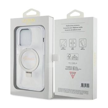 Guess Ring Stand Script Glitter MagSafe - Etui iPhone 15 Pro (przezroczysty)