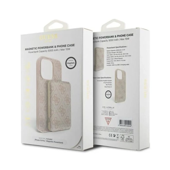 Guess Bundle Pack MagSafe 4G Metal Gold Logo - Zestaw etui + Power Bank 5000mAh MagSafe iPhone 14 Pro (różowy)