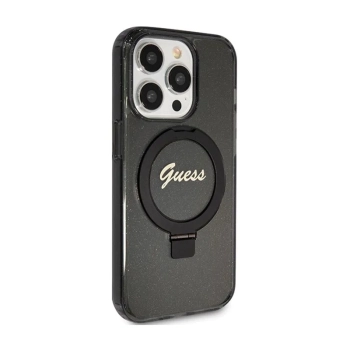 Guess Ring Stand Script Glitter MagSafe - Etui iPhone 15 Pro (czarny)