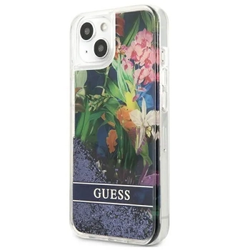 Guess Liquid Glitter Flower - Etui iPhone 13 mini (niebieski)