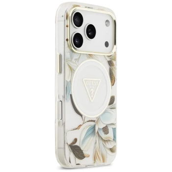 Guess IML Glitter Flowers Triangle MagSafe - Etui iPhone 17 Pro Max (biały)