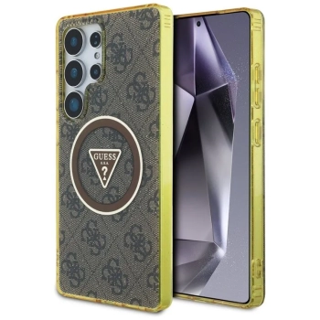 Guess 4G Glitter Triangle Buttons MagSafe - Etui do Samsung Galaxy S25 Ultra (brązowy)