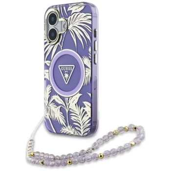 Guess Palm Trees Triangle Pearl Strap MagSafe - Etui do iPhone 16 (fioletowy)