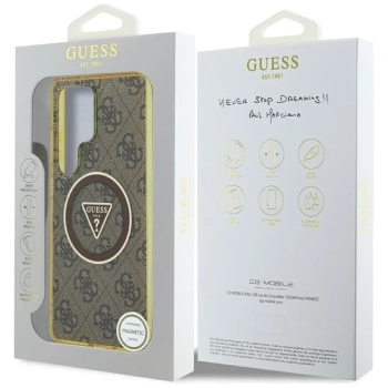 Guess 4G Glitter Triangle Buttons MagSafe - Etui do Samsung Galaxy S25 Ultra (brązowy)