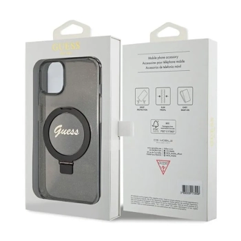 Guess Ring Stand Script Glitter MagSafe - Etui iPhone 15 (czarny)