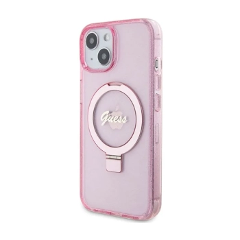 Guess Ring Stand Script Glitter MagSafe - Etui iPhone 15 (różowy)
