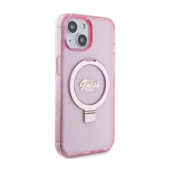 Guess Ring Stand Script Glitter MagSafe - Etui iPhone 15 (różowy)