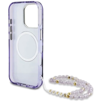 Guess Palm Trees Triangle Pearl Strap MagSafe - Etui do iPhone 16 Pro Max (fioletowy)