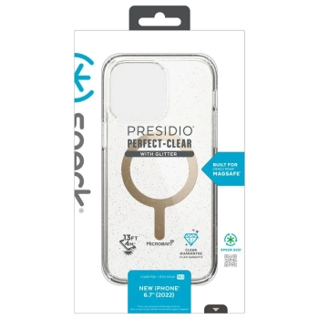 Speck Presidio Perfect-Clear with Glitter + MagSafe - Etui iPhone 15 Plus / 14 Plus z powłoką MICROBAN (Clear / Gold Glitter)