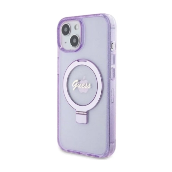 Guess Ring Stand Script Glitter MagSafe - Etui iPhone 15 (fioletowy)