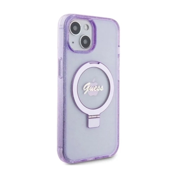 Guess Ring Stand Script Glitter MagSafe - Etui iPhone 15 (fioletowy)